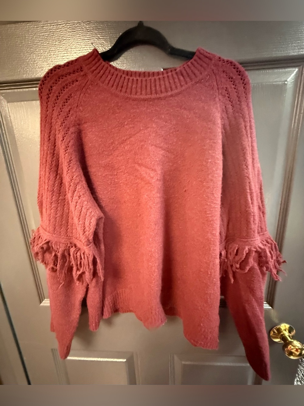 Fringe-Sleeve Crewneck Sweater in Rusty Rose
